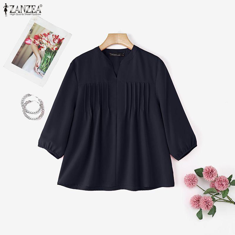 ZANZEA Kobiety Casualowy Okrągły Dekolt Jednolity Kolor Luźna Bluzka z Długim Rękawem