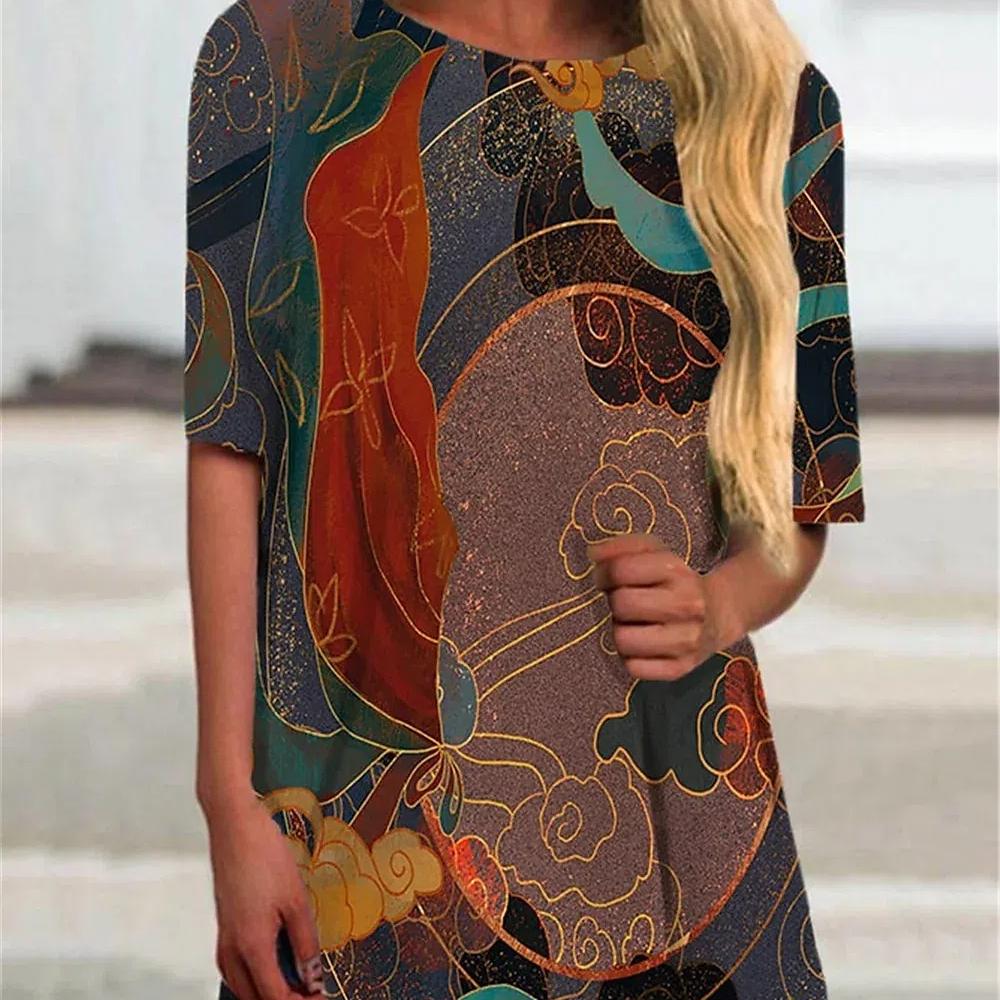 

2024 Летние женские футболки с абстрактным принтом, свитер с круглым вырезом, топы с 3D-национальным принтом, свободные женские футболки 6XL