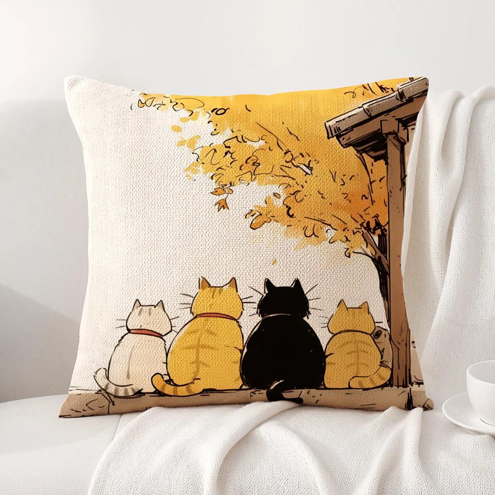 Autumn cats Cushion Cover Natural Linen Organic Fabric DoubleSided Printing Sofa Home Decor Breathable Bed Pillow