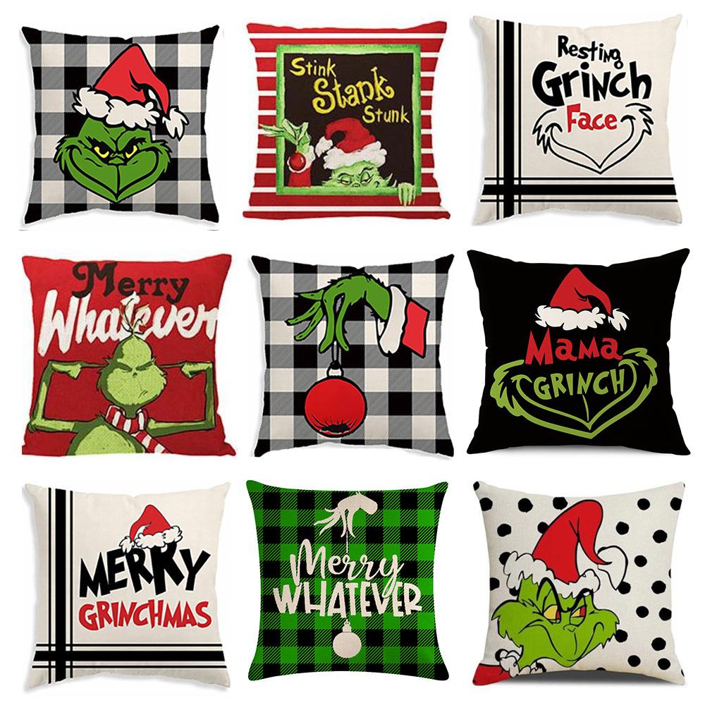 Green-haired Monster Pillow Cover Linen Christmas Pillow Cover Living Room Sofa Lumbar Cushion Cover