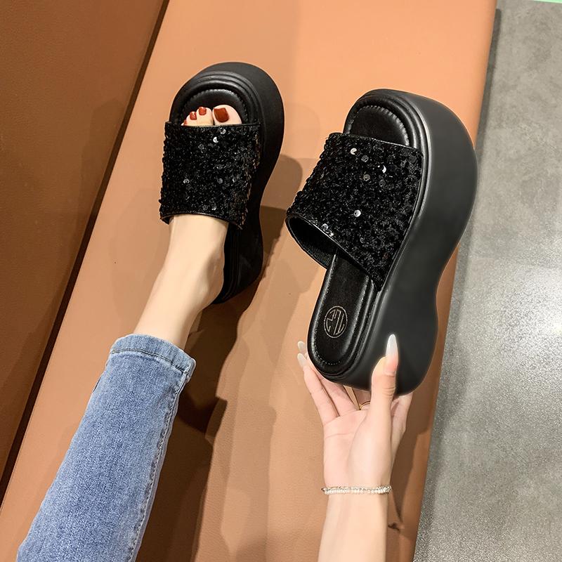 Fashion 8CM Thick Bottom Summer Bling Leather Slippers Women's Sandals 2024 Women Wedges High Platform Flat Shoes Woman Beach Flip Flops