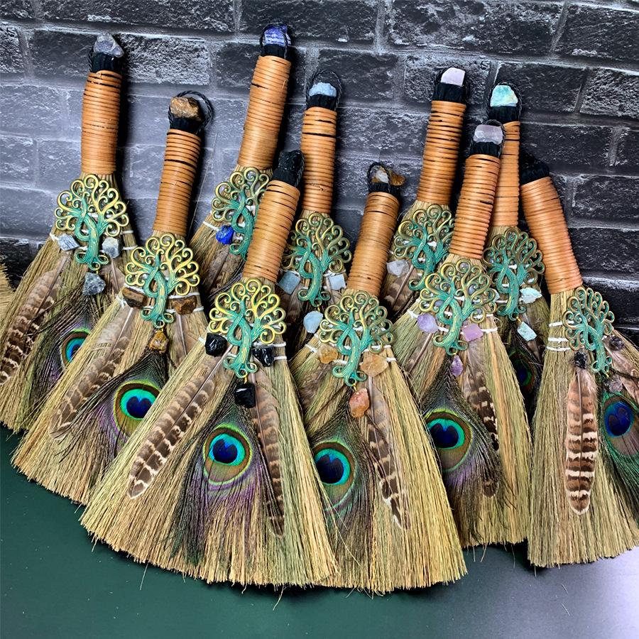 Big Broom Natural Amethyst Life Tree Halloween Peacock Feather Eye Altar Ornament  Witch Mini Broom Home Decoration Handicrafts