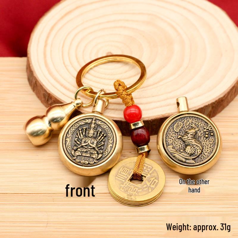 Rotating Brass Zodiac Signs Vermilion Gourd Keychain for Wealth & Treasures