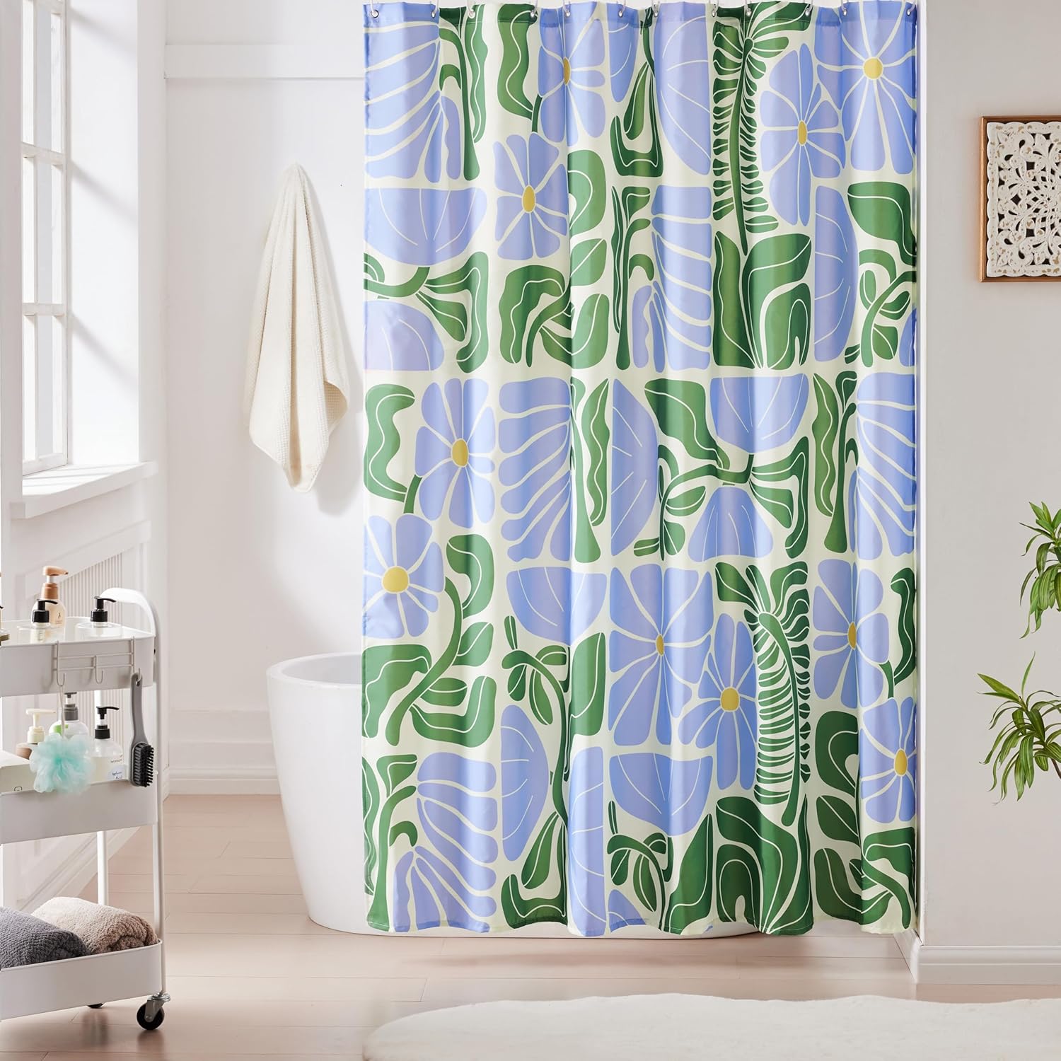 Cute Blue Flower And Green Leaf Shower Curtain Tropical Art Design Bathroom Decor Nature Theme Waterproof Bath Curtain 90x180CM
