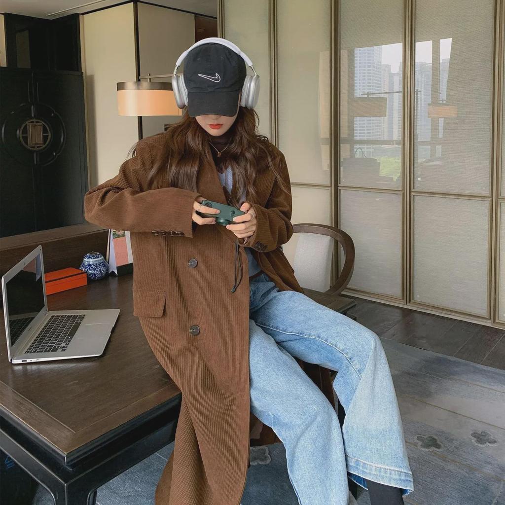 Hong Kong Retro Caramel Corduroy Double-Breasted Women’s Trench Coat