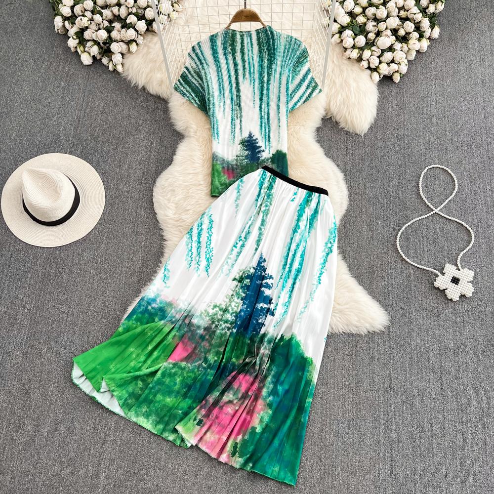 Women's Fashion Suit Gradient Color Slim Short Top Two Piece High Waist Pleated Skirt