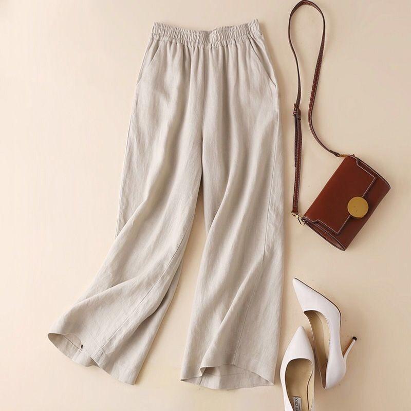 Pantaloni Estivi da Donna Cotone Lino Vita Elastica Gamba Larga Casual Leggeri Monocolore Palazzo Pantaloni Donna Fondo