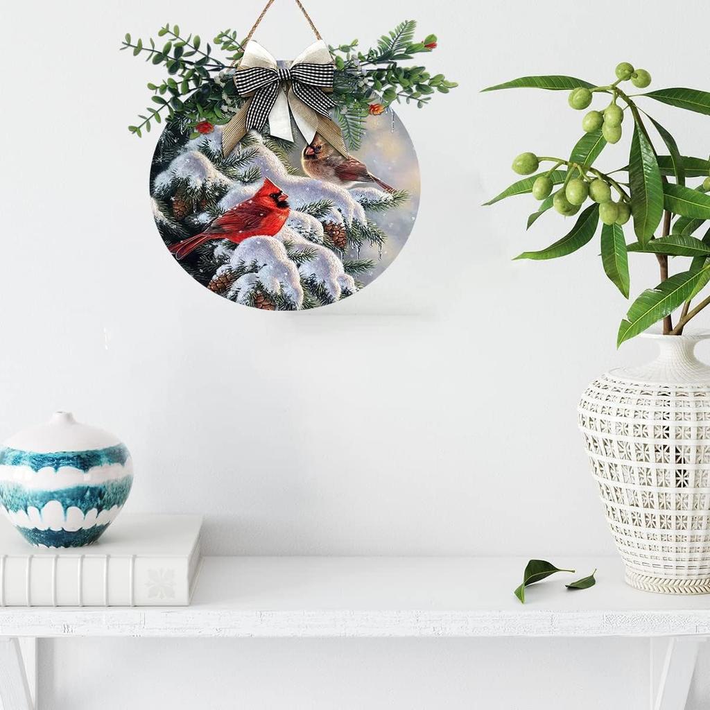 Aowotu Winter Red Bird Door Wreaths for Front Door Outside, Cardinal Branch Round Hanging Signs for Home Decor Holiday Porch Wall Farmhouse Indoor