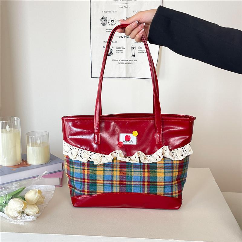 Lace lace handbag contrasting color plaid handbag large capacity shoulder commuting out tote bag