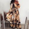 Evening Dress Printed Dress V-neck Pullover Retro Long-sleeved Big Swing Split Skirt