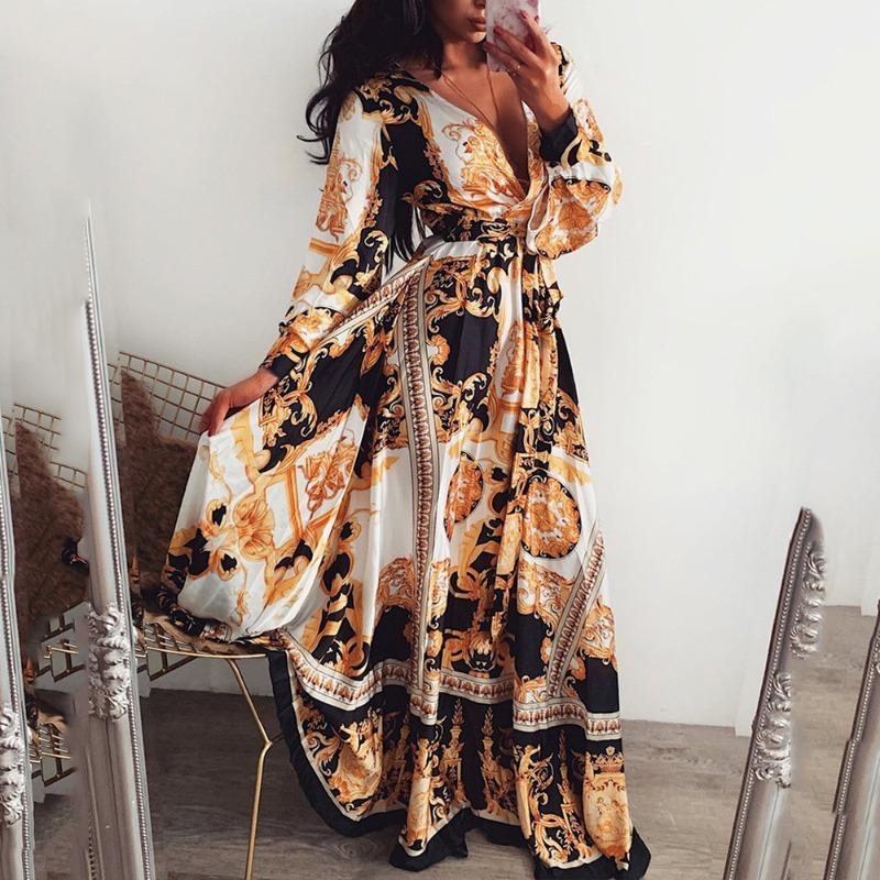 

Evening dress printed dress V-neck pullover retro long-sleeved big swing split skirt S