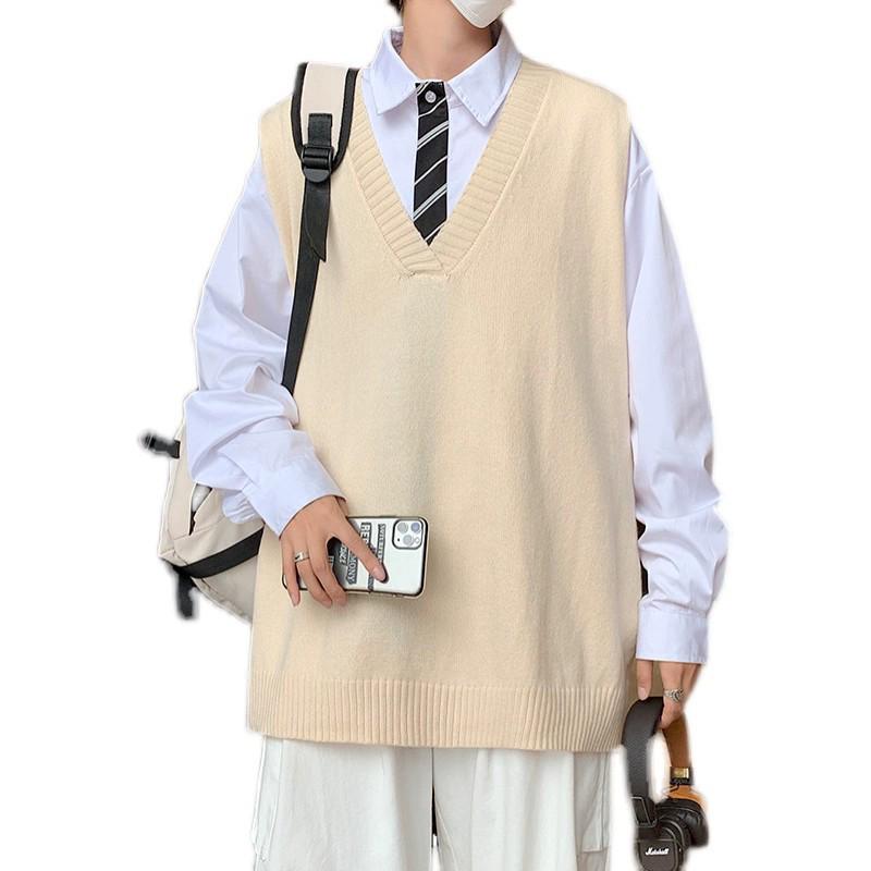 DK Unisex V-Neck Knit Sweater Vest - Hong Kong Street Style, Spring/Autumn, Sleeveless, Loose Fit, Korean Influence