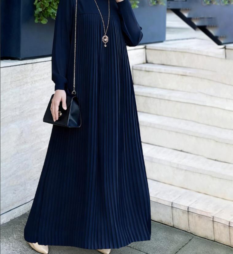 Women's Elegant Black Ice Silk Long Sleeve Pleated Dress
