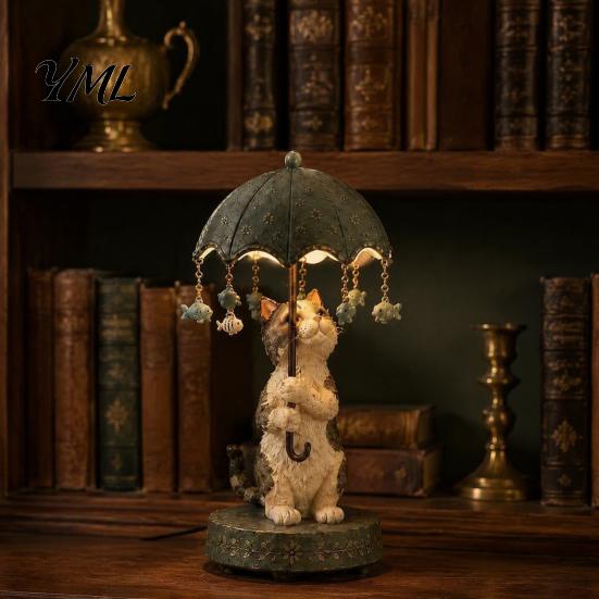Cute Animal Sculpture Lamp Rotating Umbrella Lamp, Resin Holding Vintage Sculpture, Shape Bedside Light Tabletop Cat Dog Goose Figurine for