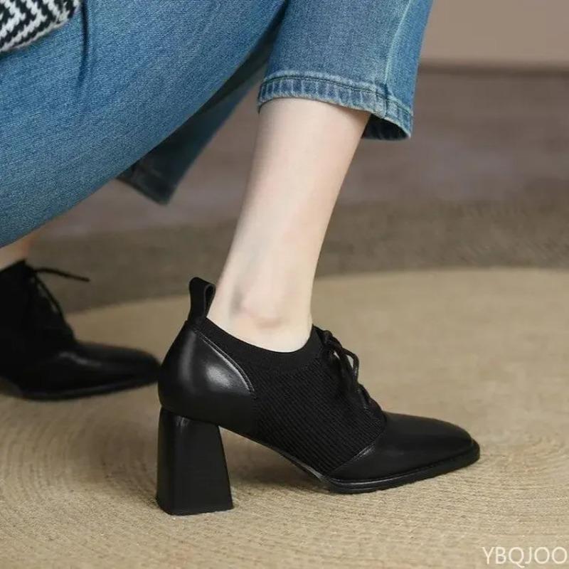 Women Pumps Luxury Leather High Heels New British Style Fashion Square Toe Block Heel Single Shoes Chunky Elastic Leather Shoes