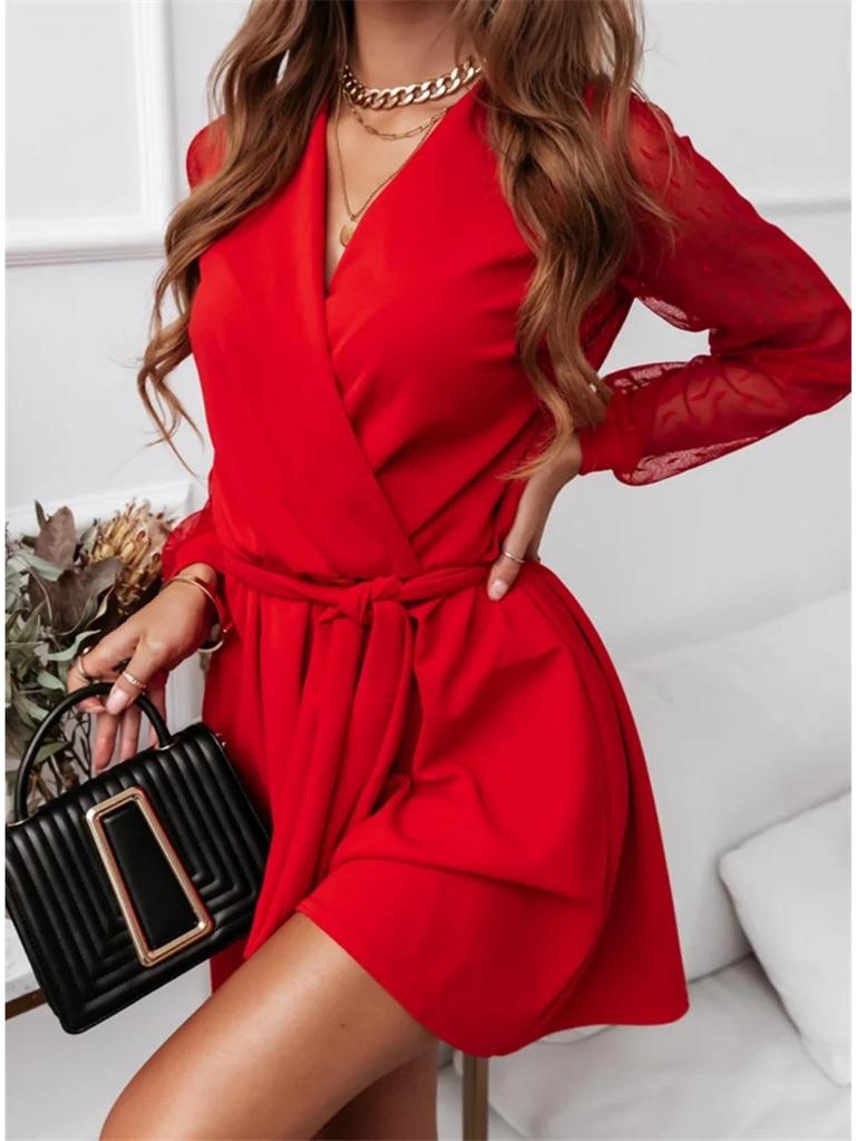 V Neck Lace Long Sleeve Women  Dresses High Waist Splicing Dress Girl Cocktail Evening Dresses