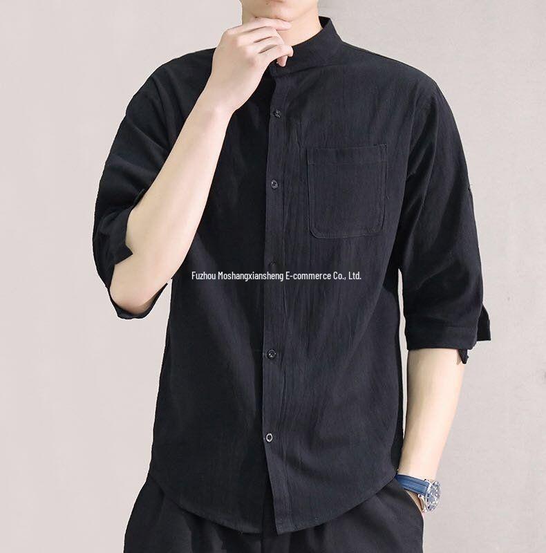 Men's Summer Korean Style Cotton-Linen Slim Fit Linen Shirt with Five-Point Sleeves.