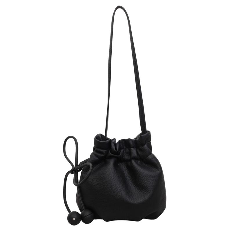2026 New Drawstring Bucket Bag for Women Soft Leather Crossbody Bag with Ball Charm Mini Shoulder Handbag for Daily Shopping