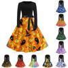 Women Crew Neck Halloween Print Dress Long Sleeve Casual Style with Belt Waist and Themed Pattern for Daily Wear