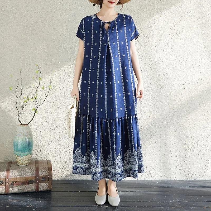 Dress for Woman Cotton Summer Plus Size Loose Floral Vintage Casual Printed Soft Long Holiday Dresses