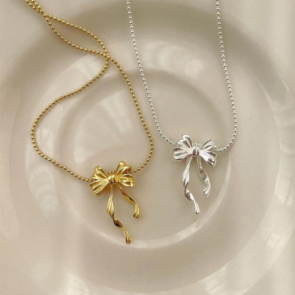 Korean Version S925 Silver Geometric Smart Ribbon Double-layer Bow Necklace Minimalist Round Bead Collarbone Chain