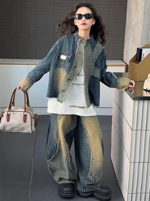 2025 Mädchen Herbst Streetwear Outfit: Distressed Denimjacke & Scimitar Hose Set