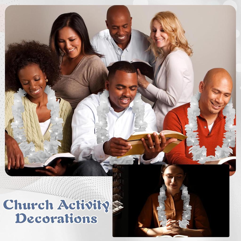 Sherr 48 Pcs LED Hawaiian Leis Light up Flower Leis Necklace with LED Lights Luau Flowers Necklaces for Masquerade Beach Wedding Tropical Themed