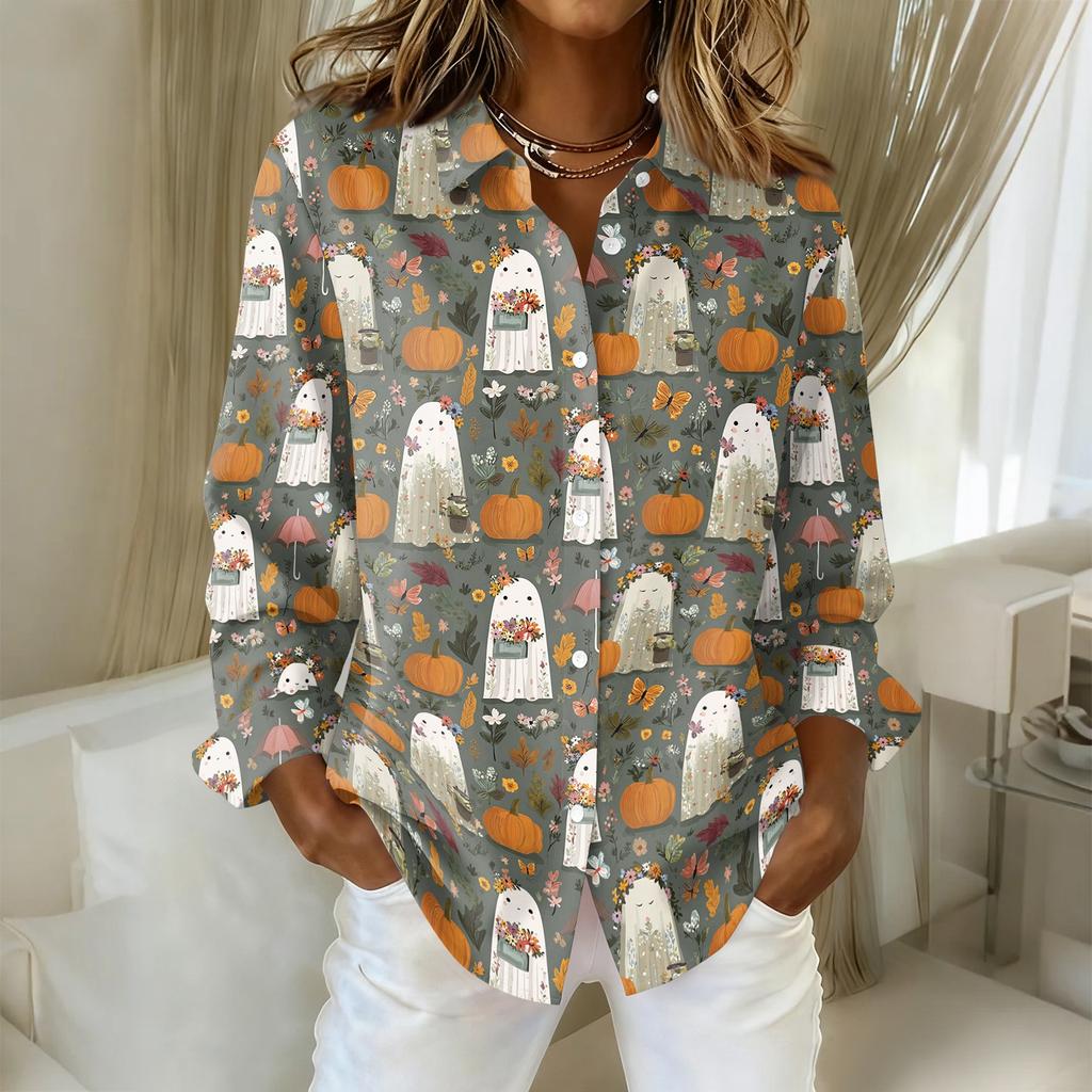 Women’s Long Sleeve Button Down Shirt with Halloween Print Turn Down Collar Casual Fit Blouse Top for Daily Wear
