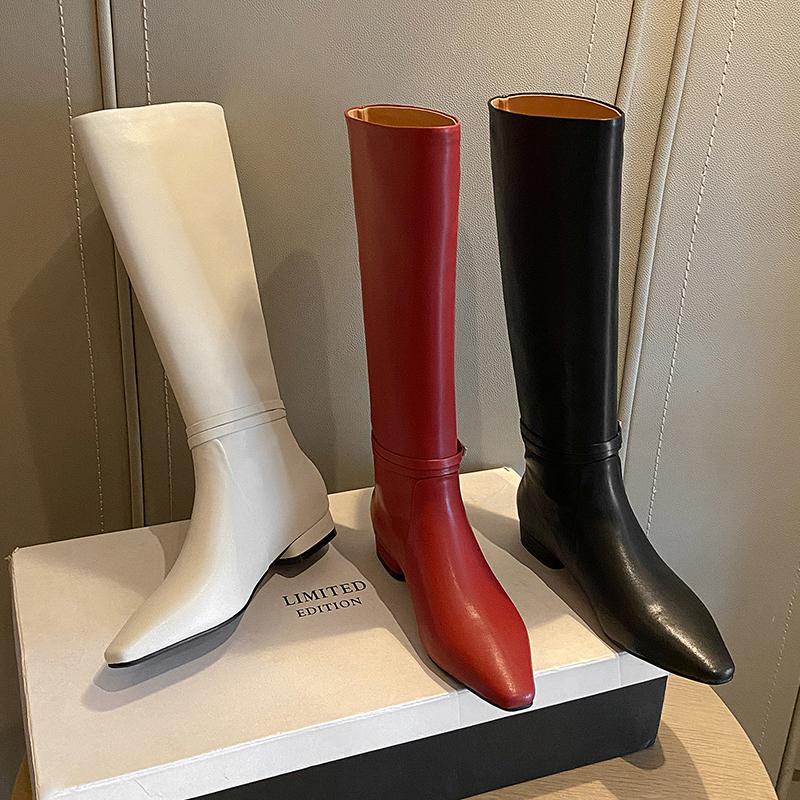 Neue Britische Schlupfstiefel Damen Spitzzehe Niedrige Blockabsätze Kniehohe Stiefel Spaltleder Lässige Herbst Winterschuhe