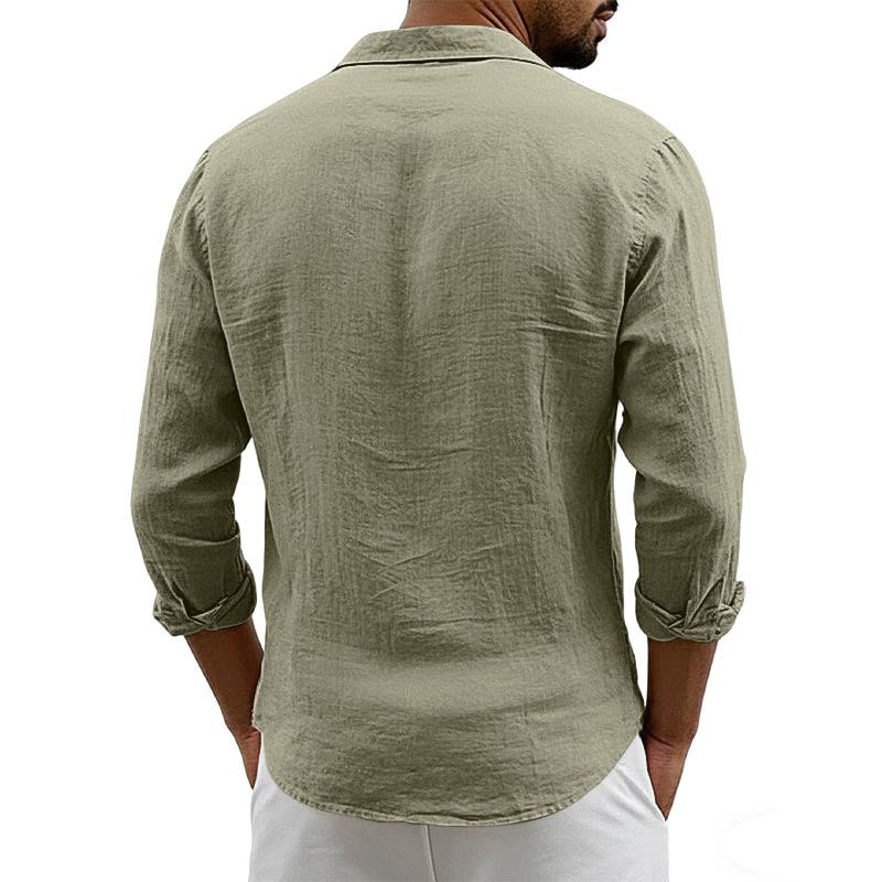 New Men's Solid Color Long Sleeve Shirt Linen Cotton Shirts Trend Plus-size Lapel Collar Casual Lightweight Beach Tops