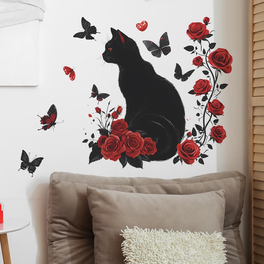 Red Rose Black Cat Butterfly Lettering Wall Sticker Self-Adhesive Removable Living Room Bedroom Hallway Home Decor Art