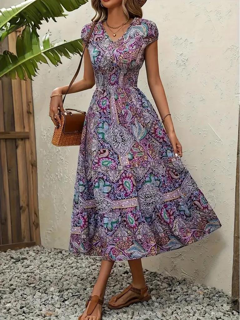 French Bohemian Holiday Print Midi Dress