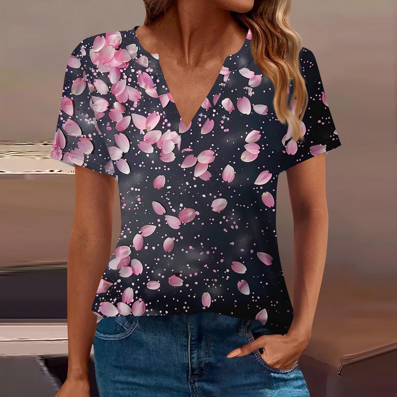 

Женская футболка Футболка с принтом с коротким рукавом Повседневные выходные Мода Базовый топ с V-образным вырезом Обычный топ L чёрный