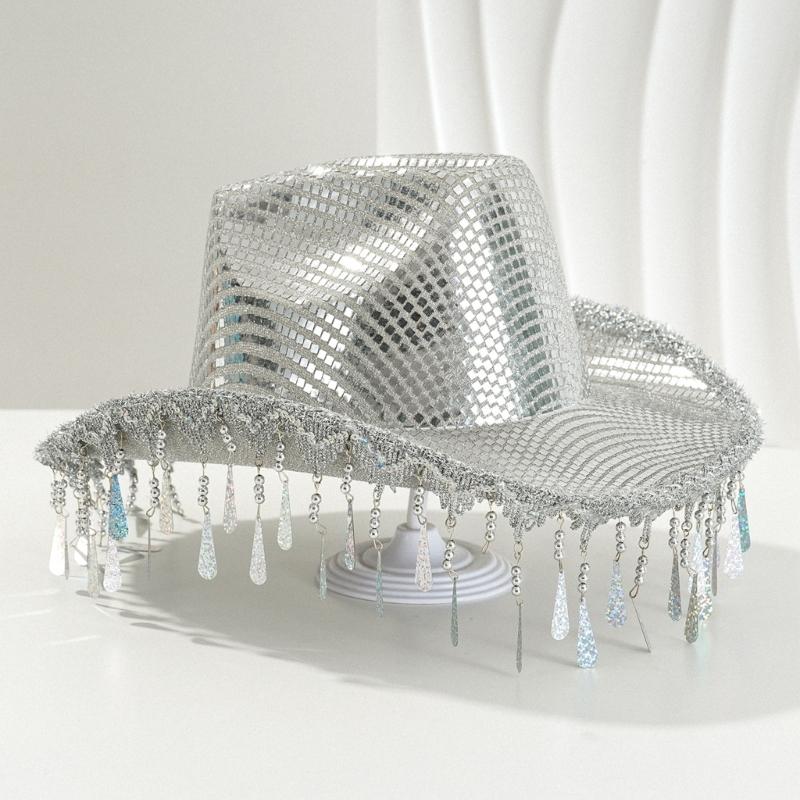 Glitter Party Hat Encrusted with Mirrored and Tassels for Women Party Wear Festival Holiday Bridal Hat Props