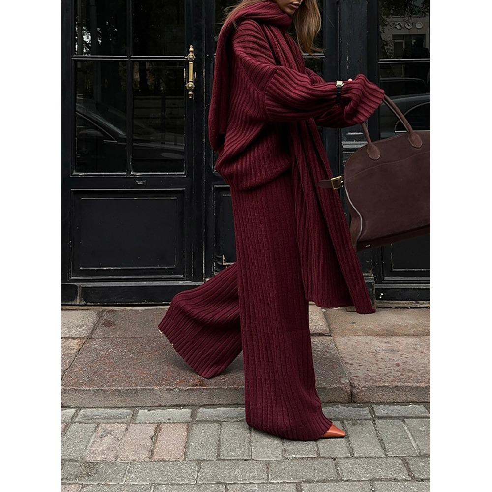 

Осенне-зимний шерстяной костюм Женский осенне-зимний высококлассный однотонный свитер с V-образным вырезом Прямые брюки Комплект-двойка Женский M темно-красного