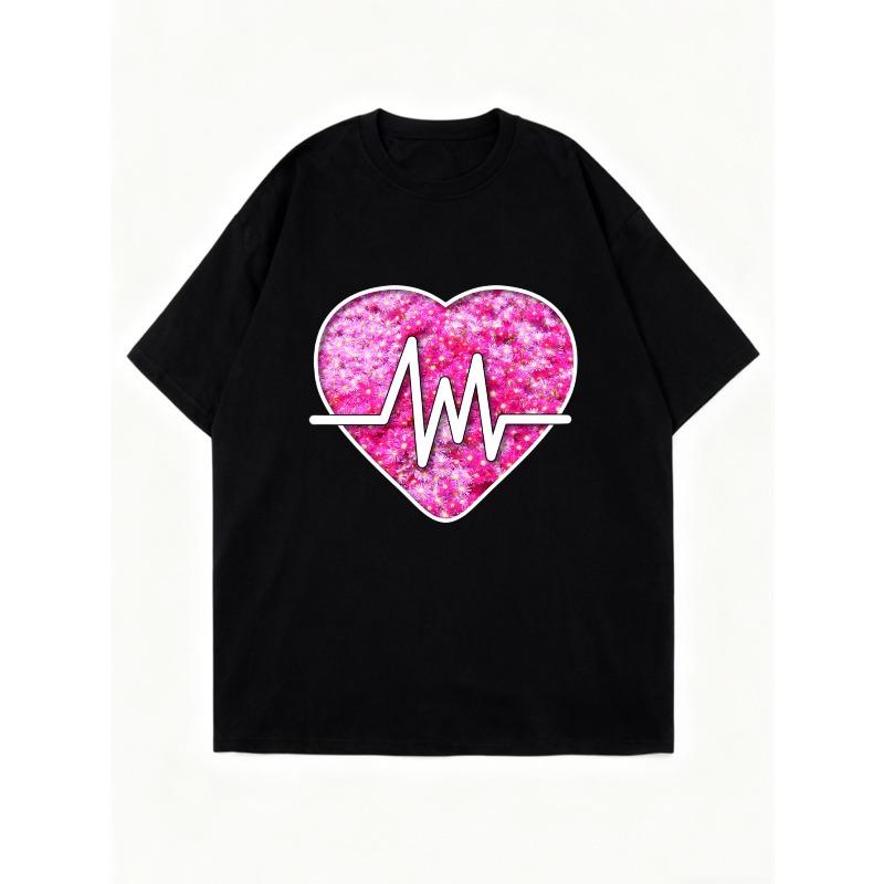 Black Oversized T Shirt With Pink Glitter Heart And Pulse Line Print For Casual Wear