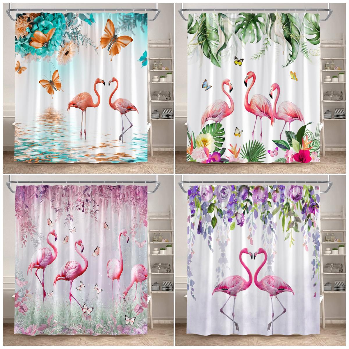 Monika Chen Green Flamingo Shower Curtain Tropical Jungle Plant Butterfly Lotus Flower Leaves Bathroom Curtains Fabric Home Decor With Hooks