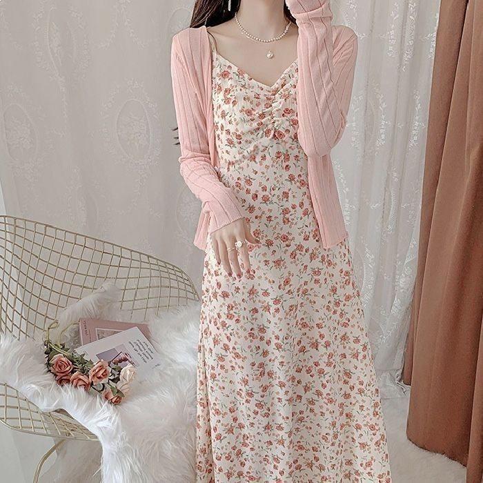 Romantic Flower Print Knit Camisole Dress For Summer Casual Wear