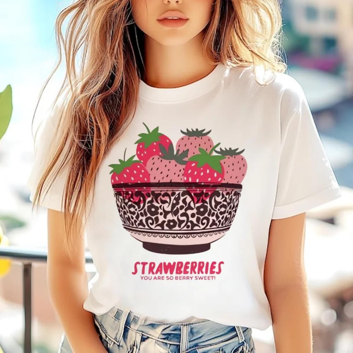 

T-Shirt Top Beach Travel Style 90s Trendy Print O-Neck Fruit Strawberry Pattern Women s Fashion Summer Cute Short Sleeved T-Shir XXXXXL