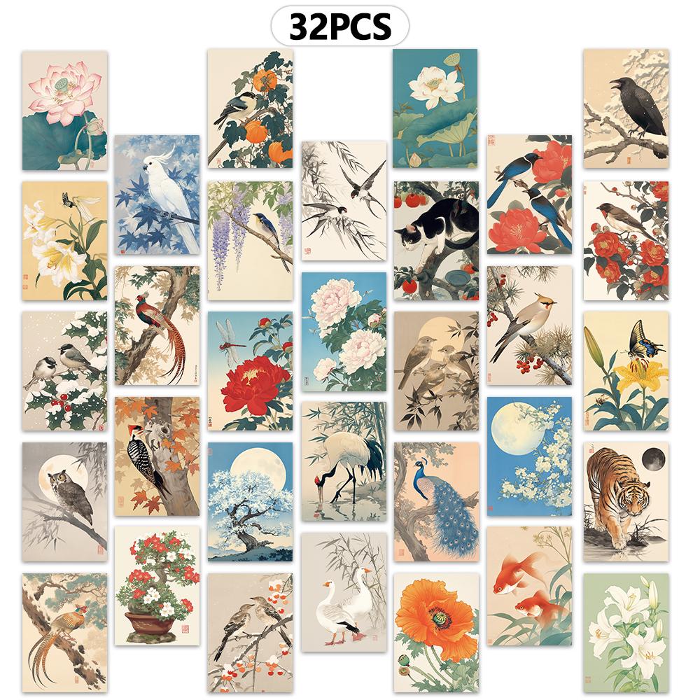 

32pcs, Japanese illustrated postcards, room decoration stickers, brochure materials, souvenirs, collectibles and mailing