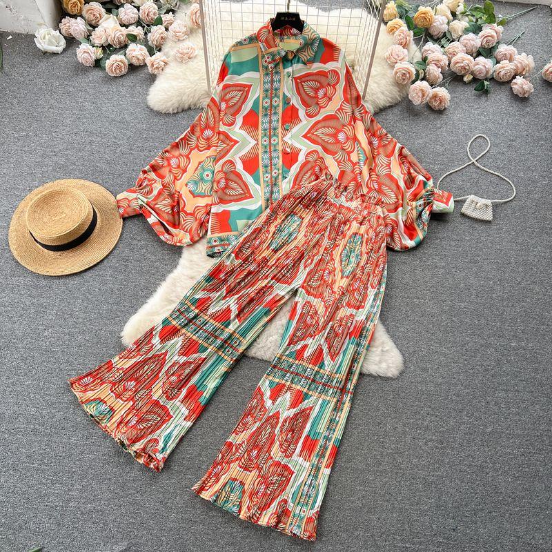 

Lantern Sleeve Casual High Waist Pleated Loose Pants Shirt 14 One size