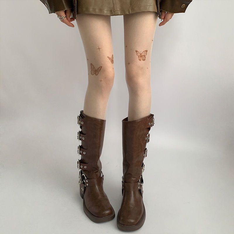 Women Ultra-Thin Tights Sexy Vintage Y2K Fake Tattoo Butterfly Black Transparent Silk Pantyhose