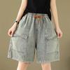 Pantaloncini di Cotone Donna Estivi Taglia Grande Pantaloni Vintage Larghi a Vita Alta Elastici Denim Gamba Larga Pantaloni a Gonna