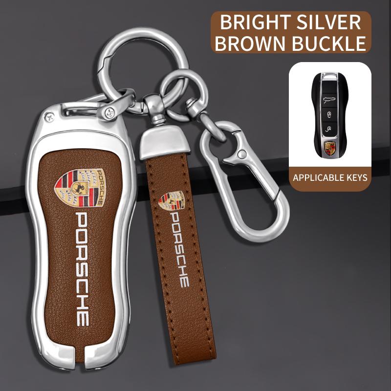 BMGB9 3 Buttons Zinc Alloy Leather Car Key Case Cover Key Shell For Porsche Cayenne Panamera Macan Cayman 718 911 Taycan Sticker