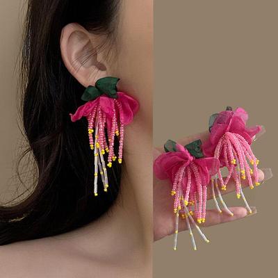 Tuch Blume Quaste Perle Ohrringe Mode Frauen Boho Handgemachte Blume Bunte Perlen Quaste Ohrringe Party Schmuck Geschenke