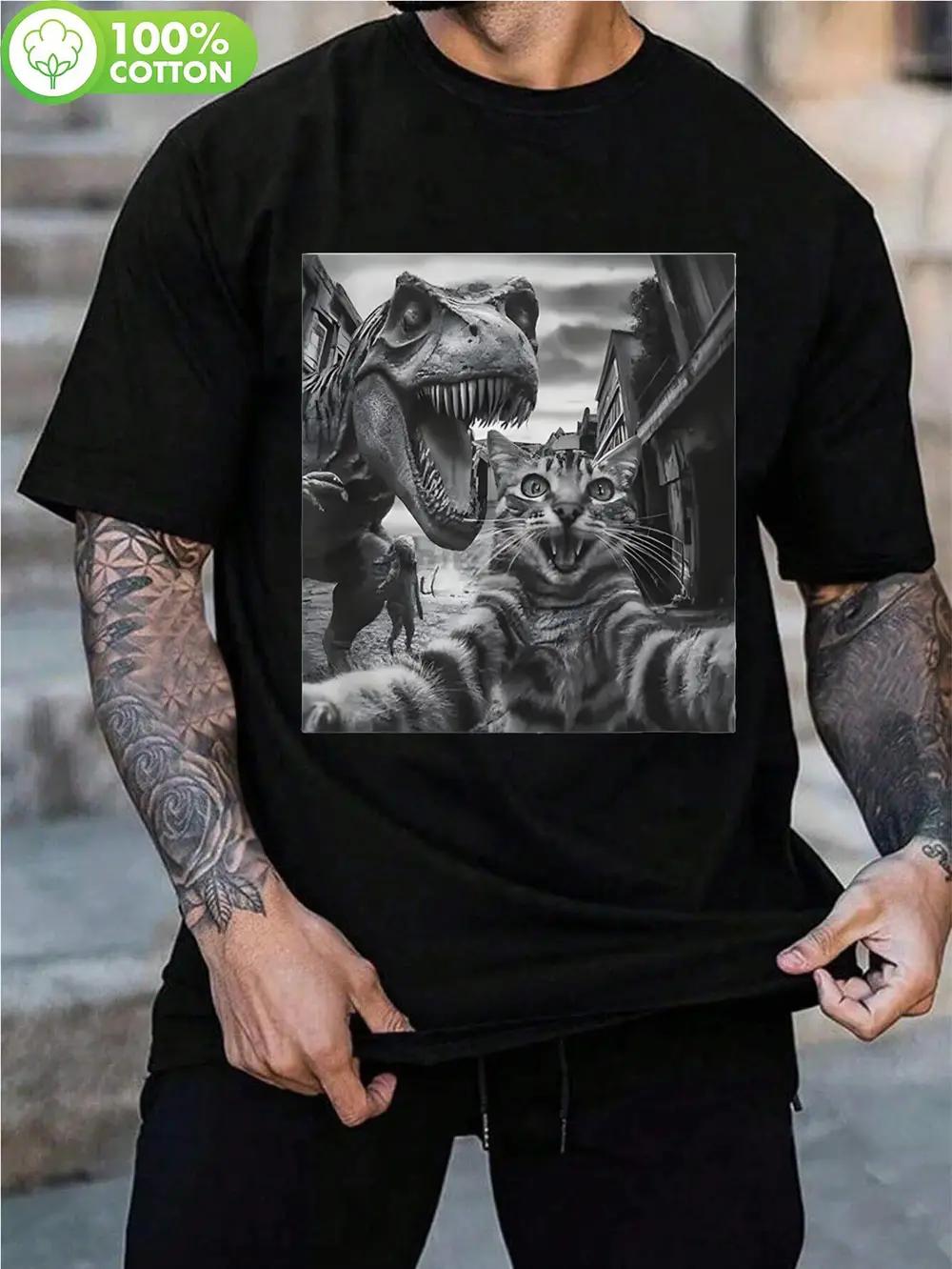 

1pc Affilante 100% Cotton Retro Graphic T-shirt - Black Short Sleeve Casual Tee with Dinosaur & Tiger Print XL