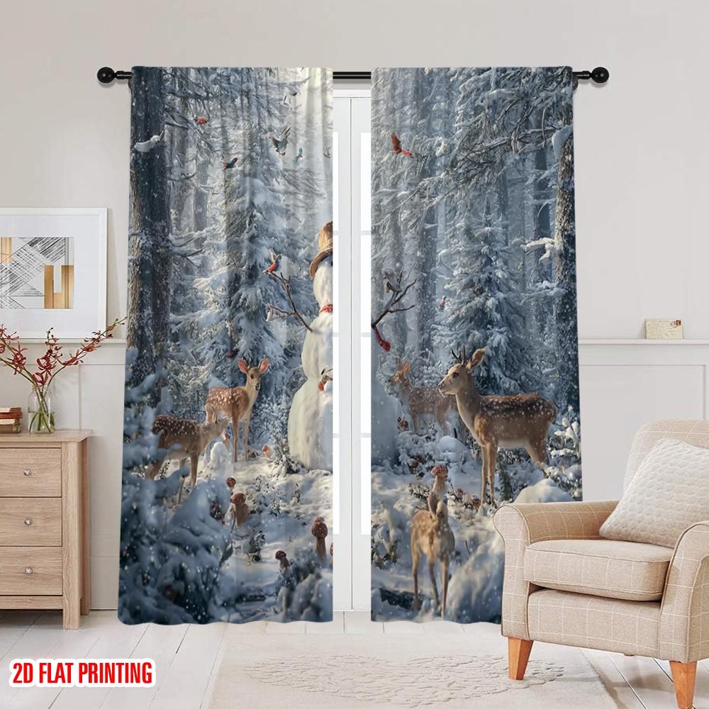 2pcs,2D Plane Printing Curtains Roller Blinds Snowman & Reindeer Versatile 100% Polyester (without Rod) Outdoor Decorations