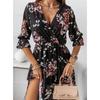 Women's Summer Dress Long Sleeve V-neck Side Slit Printed Long Dress