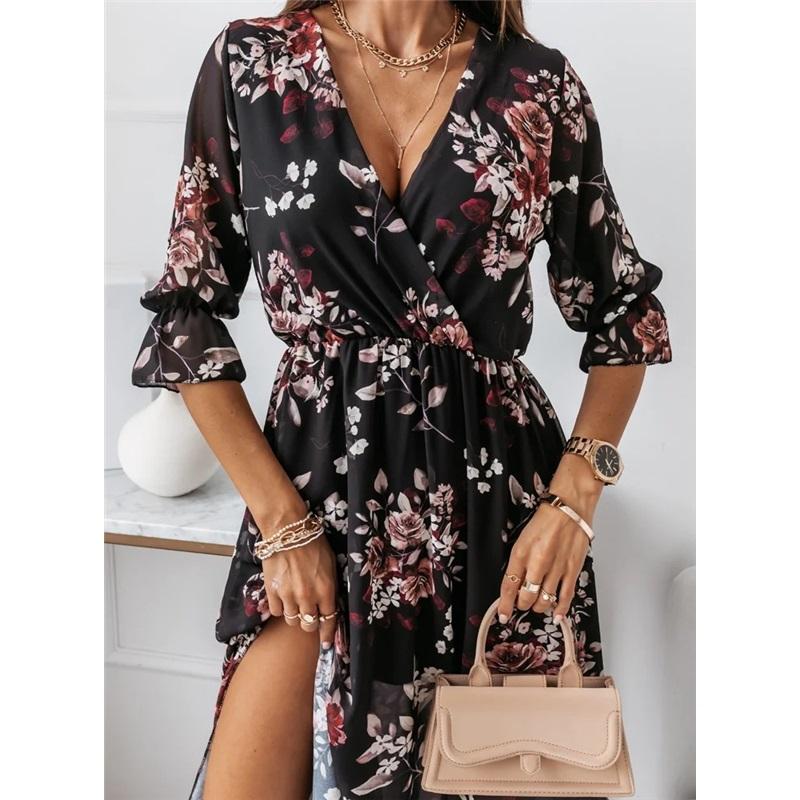 Women's Summer Dress Long Sleeve V-neck Side Slit Printed Long Dress