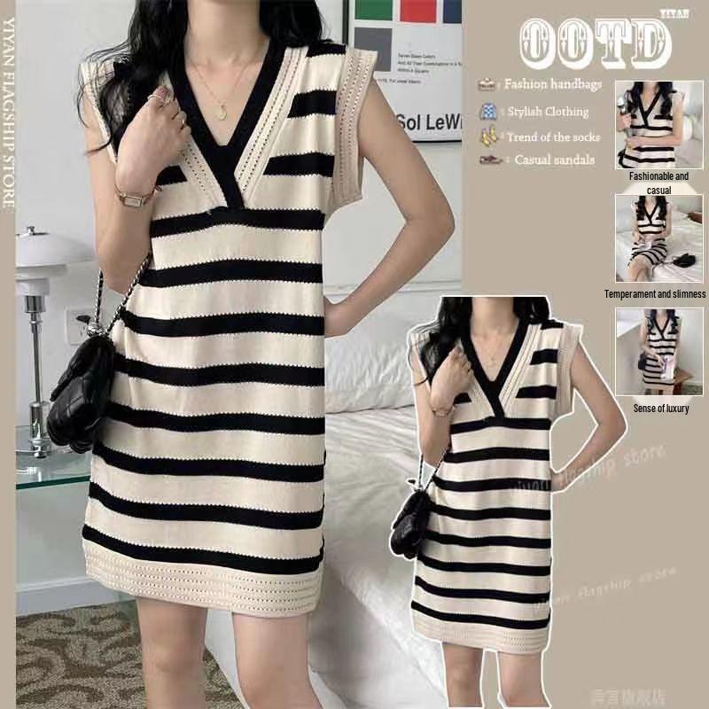 Women's French Retro Striped Knit Sleeveless Dress